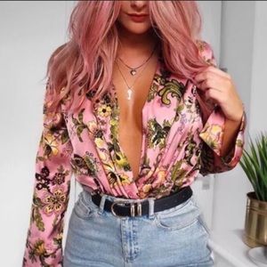 Zara Pink Floral Satin Long Sleeve Bodysuit